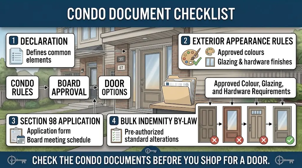 Condo document checklist for Ontario door installation showing building approval documents Condo document checklist for Ontario door installation showing building approval documents, renovation guidelines, permit requirements, contractor information, and installation planning