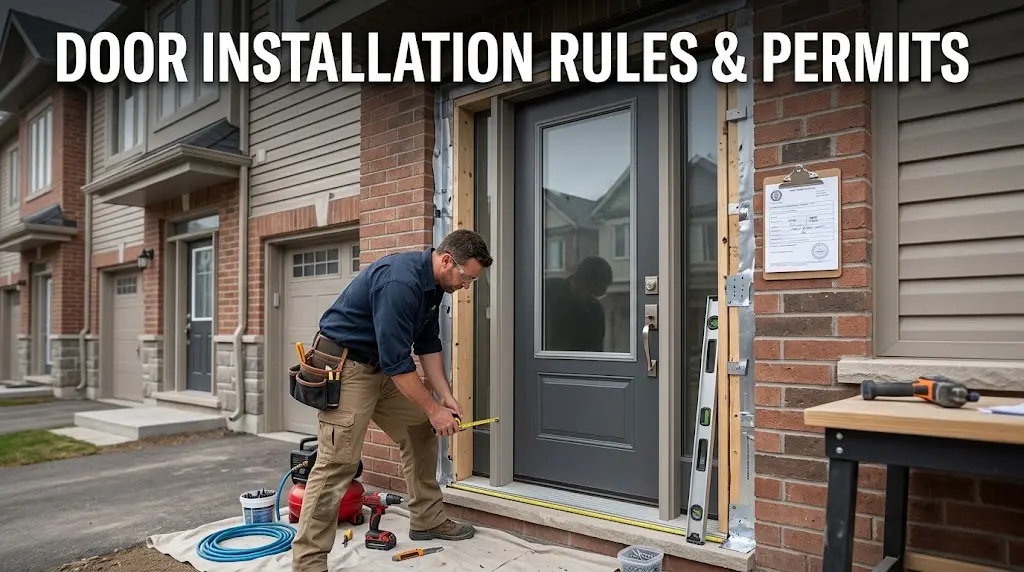 Exterior door installation at a Richmond Hill townhome showing permit considerations, building code requirements, structural opening changes, safety standards, and proper installation practices