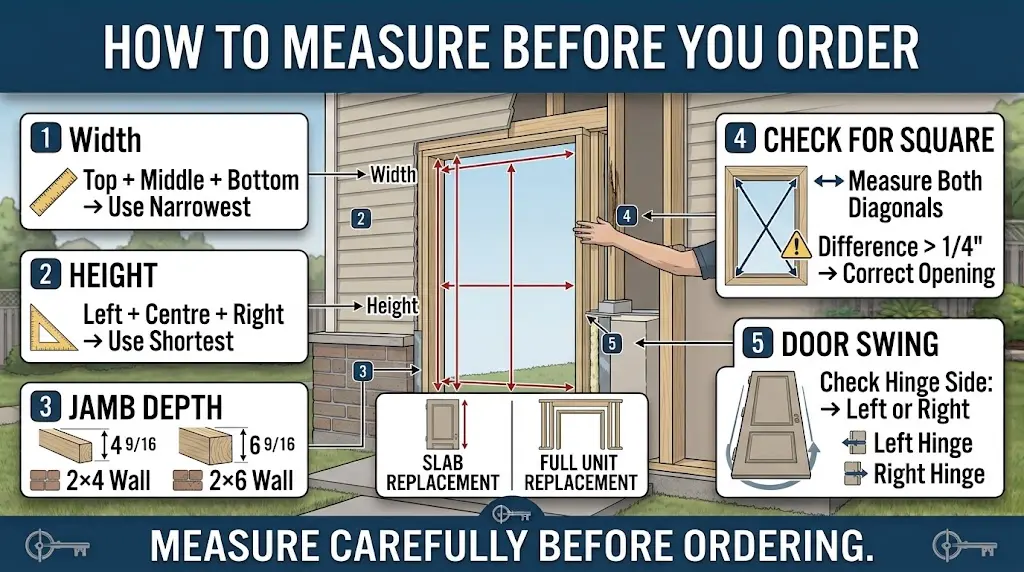 Homeowner measuring a door opening before ordering in Markham, Ontario, checking door width, height, rough opening, frame dimensions, threshold, and installation clearance