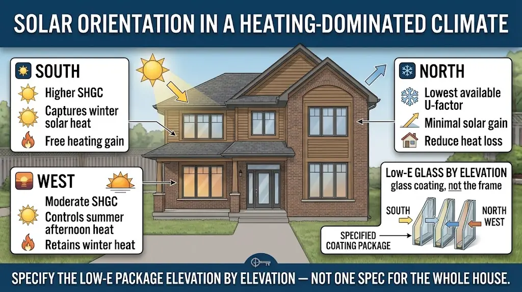 Sudbury home showing solar-oriented window placement in a heating-dominated climate, with consideration for natural heat gain, insulation, energy efficiency, glare, and indoor comfort