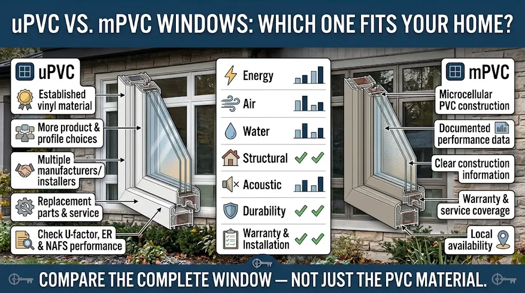 uPVC and mPVC window comparison for Ontario homes showing differences in insulation, durability, maintenance, weather resistance, appearance, and suitability for different home styles