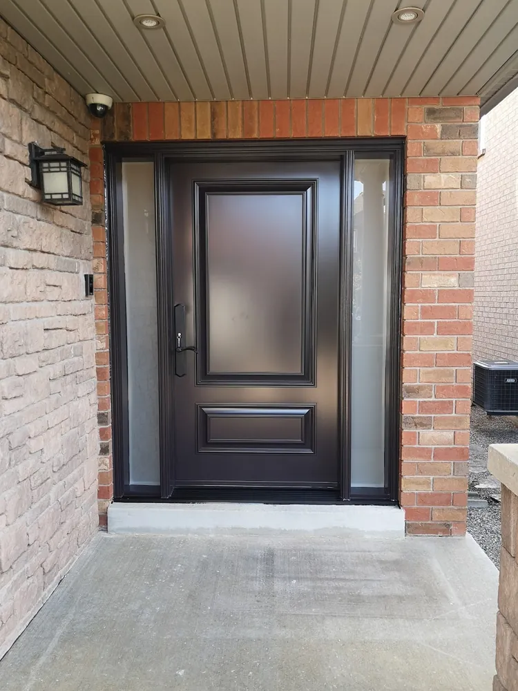 Black front door with two sidelights in Oshawa, installed by Panorama Windows & Doors Black front door with two sidelights in Oshawa