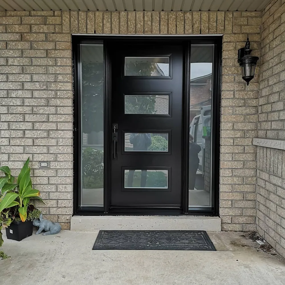 Black modern four-lite door with sidelights in Hamilton