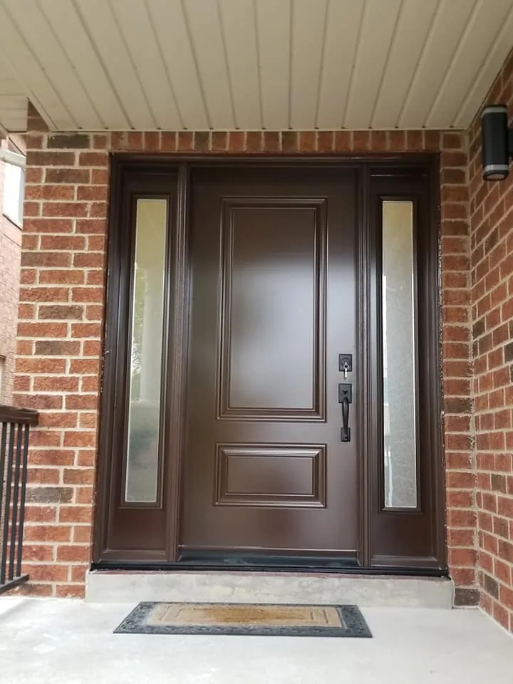 Brown steel entry door with two sidelights