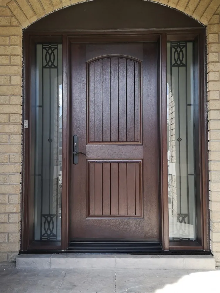 Plank fiberglass door with decorative sidelights